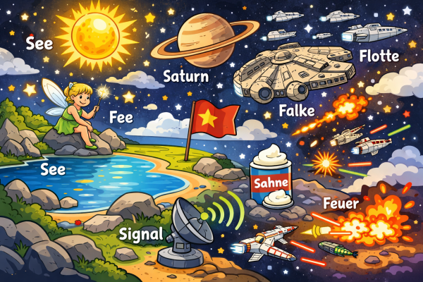 Beschriftetes Wimmelbild mit Minimalpaaren zur Plosivierung sowie weiteren Wörtern mit /f/ und /s/, erstellt mit ChatGPT Model 5.2 am 19.12.2005
