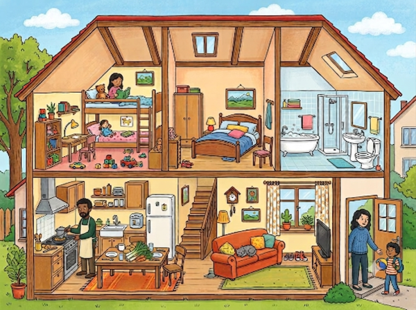 Wimmelbild "zu Hause/Familie", erstellt mit Google Gemini am 14.7.2026